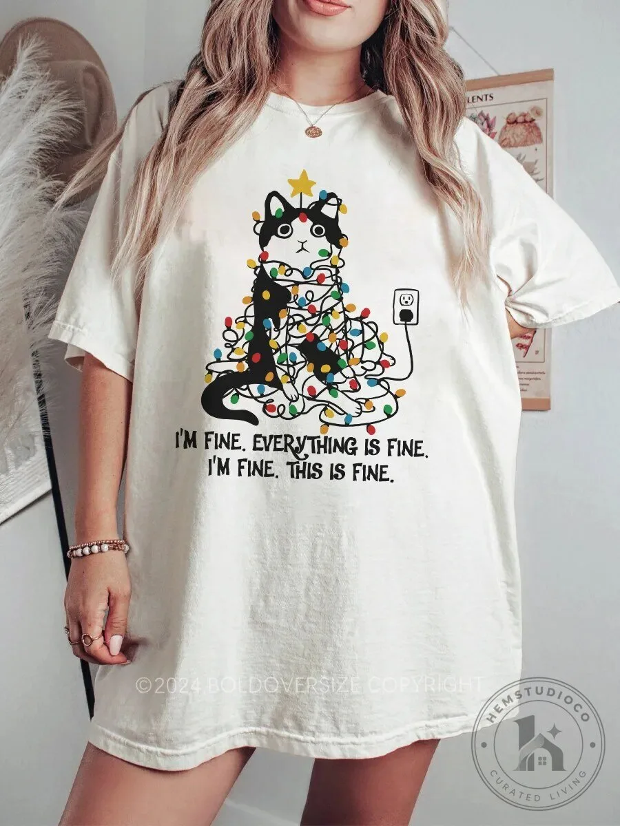 Christmas Cat Tangled in Lights I'm Fine Everything Is Fine T-Shirt